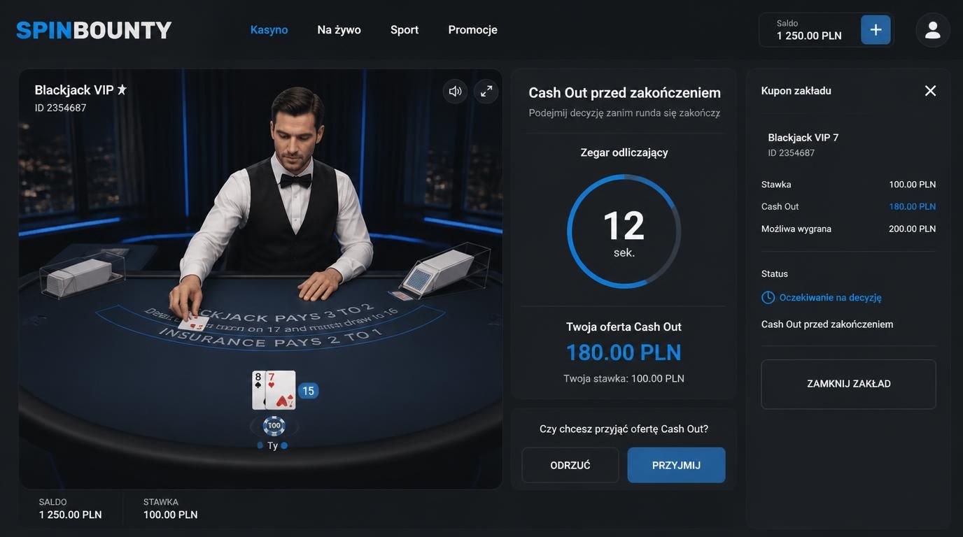 Ruch nad stołem z ofertą Cash Out i graczem podejmującym decyzję