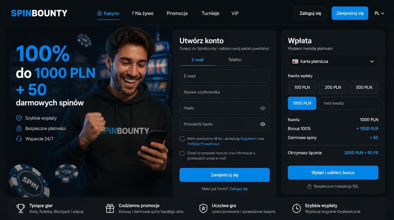 Gracz odbierający bonus powitalny w SpinBounty Casino z darmowymi spinami