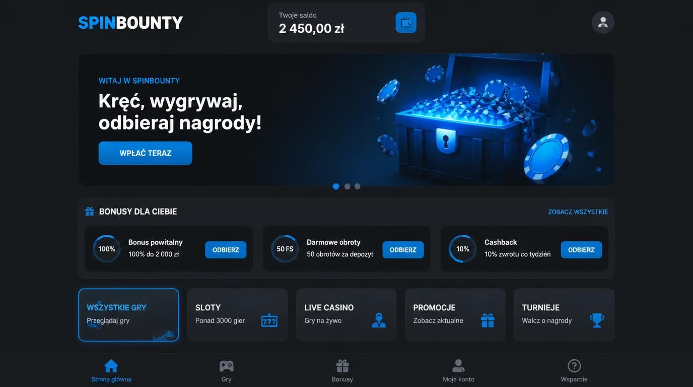 Ekran główny z saldem i ofertą bonusową, menu główne