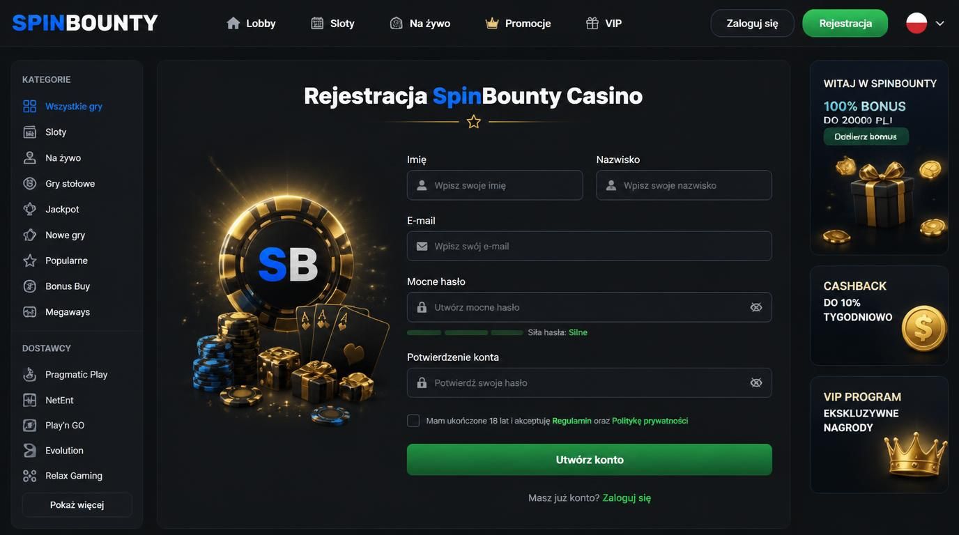 Interfejs rejestracji SpinBounty Casino z formularzem rejestracyjnym